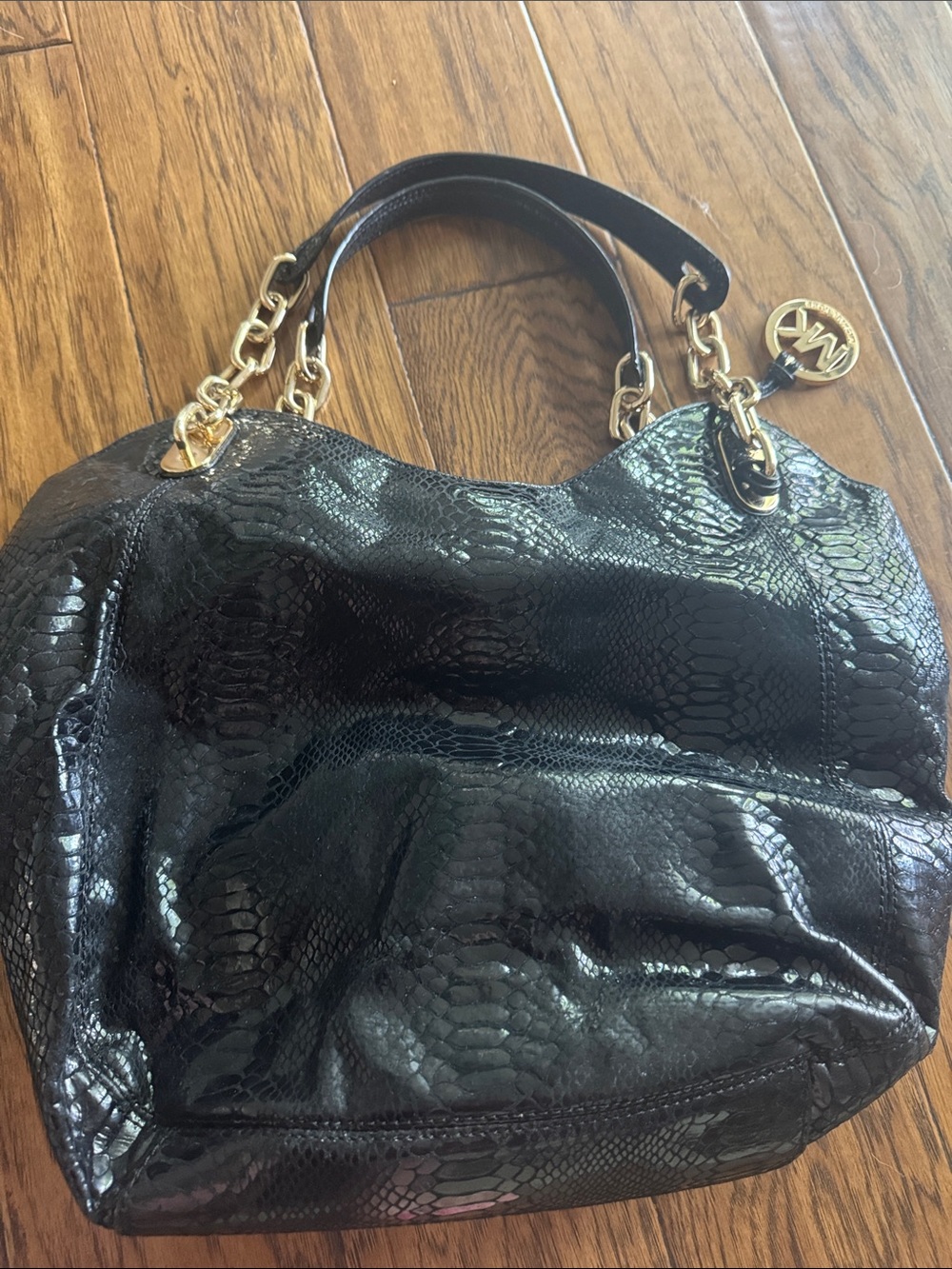 Michael Kors Black Snake-Embossed Shoulder Bag with Gold Hardware - Picture 4 of 6